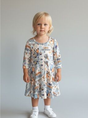 Bluey- Toddler Party-Print Dress in Light Blue and Orange